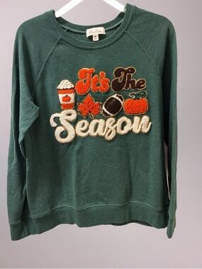 Green Fall Football Coffee 'It's The Season' Embroidered Sweatshirt Size Medium